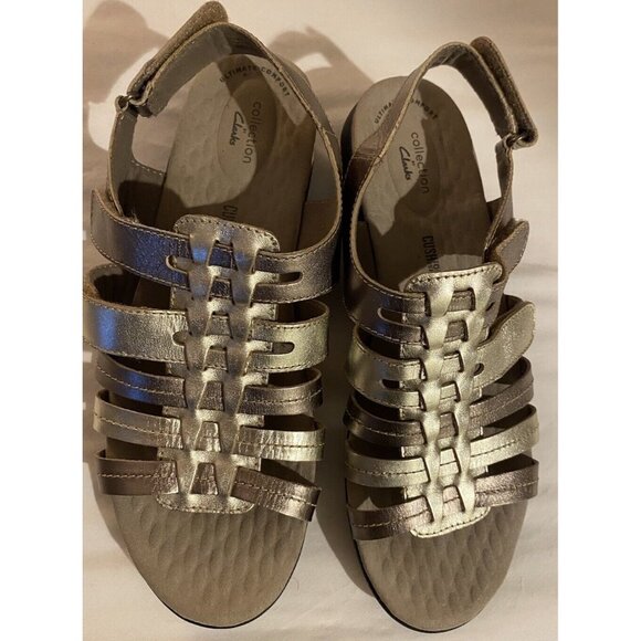 CLARKS COLLECTION Soft Cushion Pewter Metallic Gladiator Sandals Size 11 - Picture 2 of 7